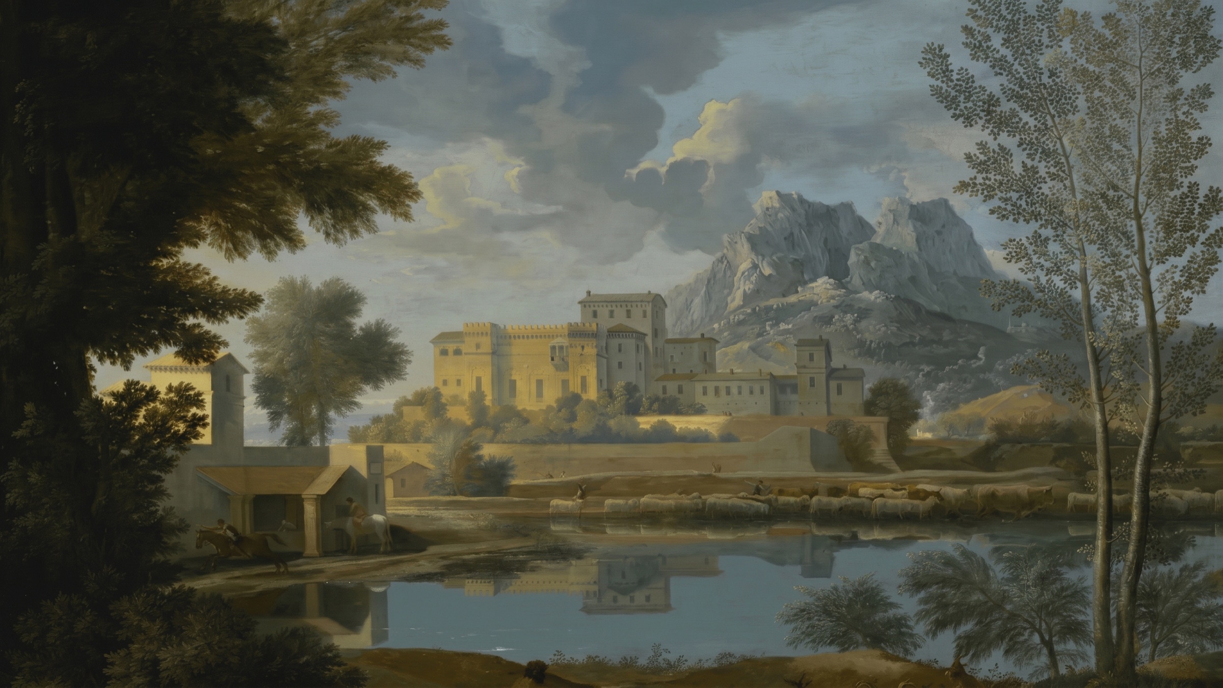 A landscape painting: a walled town in warm light above a still lake, with mountains behind it.