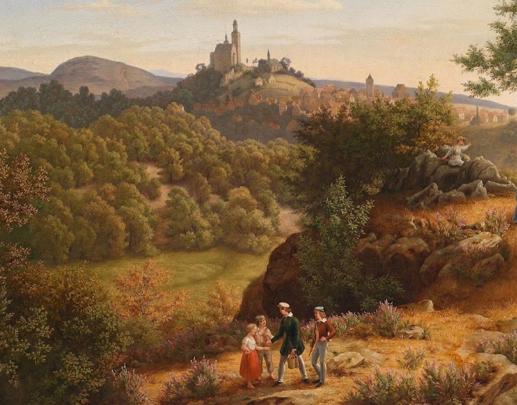 A landscape painting: children on a path below a walled town on a hill.